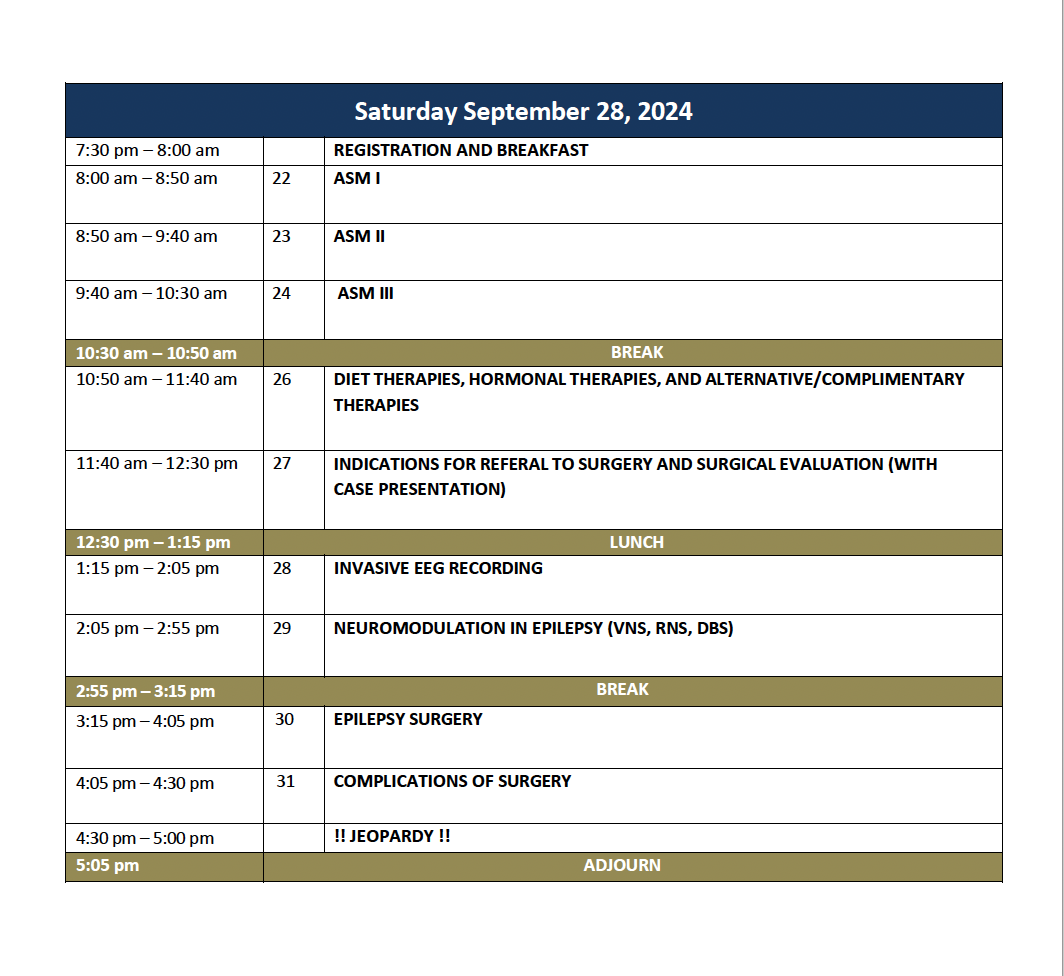 2024 Epilepsy Board Review & Best Practices Schedule Day 3